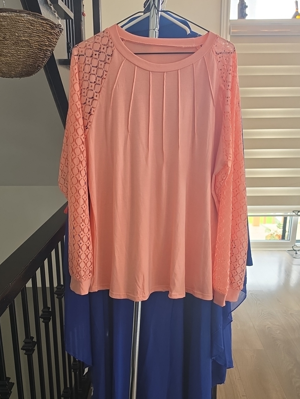 Women's Pink Crochet-Sleeve Pullover Sweatshirt - Feminine Casual